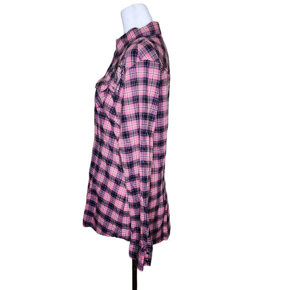 Wrangler Long Sleeve Snap Plaid Shirt Womens Size M Pink Western Cowboy - Picture 6 of 10